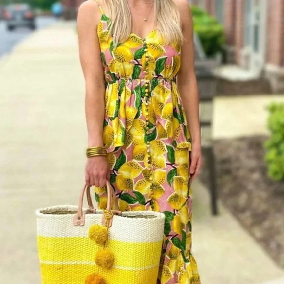 NWT Farm Rio Fresh Lemons Ruffle Peplum Linen Blend Fruits Midi Dress Size XS - Picture 5 of 12